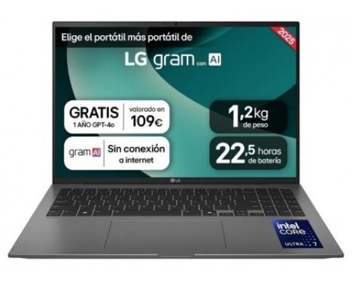LG Gram 16ZD90T Intel Core Ultra 7 255H PortÃ¡til 40,6 cm (16") WQXGA 16 GB LPDDR5x-SDRAM 1 TB SSD Wi-Fi 7 (802.11be) FreeDOS Negro