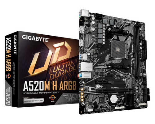 GIGABYTE A520M H ARGB Placa Base &acirc;&euro;&ldquo; Compatible con CPUs AMD Ryzen Serie 5000, hasta 5100 MHz DDR4 (OC), M.2 PCIe 3.0 x4, LAN 1 GbE, USB 3.2 Gen 1