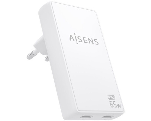 AISENS Cargador De Pared GaN Ultra Delgado 65W, 2xUSB-C PD3.0 QC4.0, Blanco