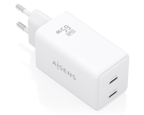 AISENS Cargador GaN 65W, 2xUSB-C PD3.0 QC4.0, Blanco