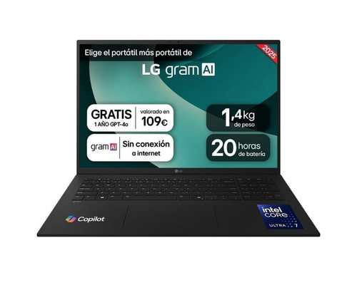 LG Gram 17ZD90T-G.AX88B ordenador portatil Intel Core Ultra 7 255H Port&Atilde;&iexcl;til 43,2 cm (17") WQXGA 32 GB LPDDR5x-SDRAM 1 TB SSD Wi-Fi 7 (802.11be) FreeDOS Espa&Atilde;&plusmn;ol Negro